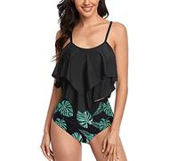 FLYILY Two Pieces Swimsuit for Women Double Level Ruffled Flounce Top with High Waisted Bottom Bikini Set Tummy Control Swimwear Bathing Suits(2-BlackLeaf,S)