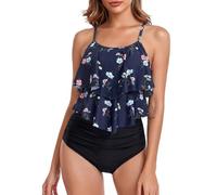 FLYILY Two Pieces Swimsuit for Women Double Level Ruffled Flounce Top with High Waisted Bottom Bikini Set Tummy Control Swimwear Bathing Suits(NavyBlue,M)