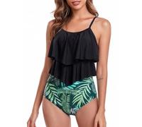 FLYILY Two Pieces Swimsuit for Women Double Level Ruffled Flounce Top with High Waisted Bottom Bikini Set Tummy Control Swimwear Bathing Suits(Blackgreen,M)