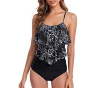 FLYILY Two Pieces Swimsuit for Women Double Level Ruffled Flounce Top with High Waisted Bottom Bikini Set Tummy Control Swimwear Bathing Suits(BlackPrint,M)