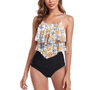 FLYILY Two Pieces Swimsuit for Women Double Level Ruffled Flounce Top with High Waisted Bottom Bikini Set Tummy Control Swimwear Bathing Suits(4-OrangeFlower,L)