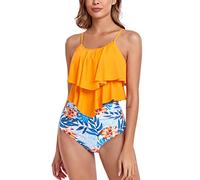 FLYILY Two Pieces Swimsuit for Women Double Level Ruffled Flounce Top with High Waisted Bottom Bikini Set Tummy Control Swimwear Bathing Suits(4-Orange,L)