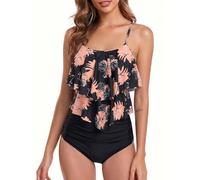 FLYILY Two Pieces Swimsuit for Women Double Level Ruffled Flounce Top with High Waisted Bottom Bikini Set Tummy Control Swimwear Bathing Suits(1-BlackFlower,M)