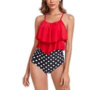 FLYILY Two Pieces Swimsuit for Women Double Level Ruffled Flounce Top with High Waisted Bottom Bikini Set Tummy Control Swimwear Bathing Suits(4-Red,M)