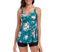 FLYILY Women 2 Pieces Tankini Sets Twist Front Tankini Top with Boyshorts Tummy Control Swimwear Floral Bathing Suit(GreenFlower,XXL)