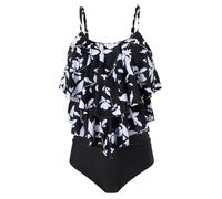 FLYILY Women Two Piece High Waisted Swimwear Tankin Sets Ruffle Ruched Bathing Suit Swimming Costume(2-BlackLeaf,L)