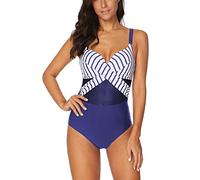 FLYILY Women's One Piece Swimsuit Mesh See Through Swimming Costume Monokini Swimwear Bikinis(BlueStripe,UK14-16)