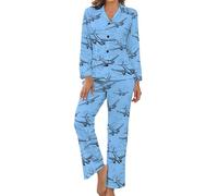 Flying Airplane Heart Women's Pajama Set Long Sleeve Button Down Sleepwear Sets Two Piece Lounge Loungewear Sets L
