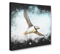 Flying Atlantic Puffin Bird Paint Splash Canvas Print | Gallery Wrapped 30mm Frame Wall Art | 14x14 inches | Ready to Hang | Modern Animals Picture | Living Room Bedroom Lounge Office