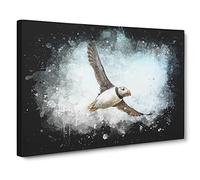 Flying Atlantic Puffin Bird Paint Splash Canvas Print | Gallery Wrapped 30mm Frame Wall Art | 20x14 inches | Ready to Hang | Modern Animals Picture | Living Room Bedroom Lounge Office