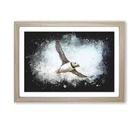 Flying Atlantic Puffin Bird Paint Splash Framed Print | A2 Oak Framed Wall Art | Ready to Hang | Modern Nature Picture | Living Room Bedroom Lounge Office