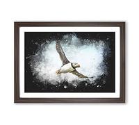 Flying Atlantic Puffin Bird Paint Splash Framed Print | A2 Walnut Framed Wall Art | Ready to Hang | Modern Nature Picture | Living Room Bedroom Lounge Office
