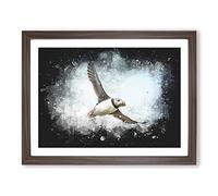 Flying Atlantic Puffin Bird Paint Splash Modern Art Framed Print | A2 Walnut Framed Wall Art | Ready to Hang | Modern Nature Picture | Living Room Bedroom Lounge Office