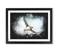 Flying Atlantic Puffin Bird Paint Splash Modern Art Framed Print | A4 Black Framed Wall Art | Ready to Hang | Modern Nature Picture | Living Room Bedroom Lounge Office