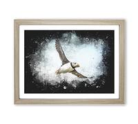 Flying Atlantic Puffin Bird Paint Splash Modern Art Framed Print | A4 Oak Framed Wall Art | Ready to Hang | Modern Nature Picture | Living Room Bedroom Lounge Office