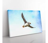 Flying Atlantic Puffin Bird Painting Modern Art Canvas Wall Art Print Ready to Hang, Framed Picture for Living Room Bedroom Home Office Décor, 50x35 cm (20x14 Inch)
