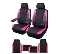 Flying Banner Carbon Fiber Mesh Front Car Seat Covers Armrest Compatible and Anti-Slip Car Floor Mats 4 Pieces Full Set, Universal Combo Set for Most Sedans Truck Vans SUVs (Black and Pink)
