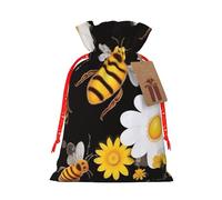 Flying Bees Daisy Honey Christmas Drawstring Gift Bags, Xmas Bags With Tags, Reusable Santa Wrapping Bag