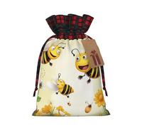 Flying Bees Daisy Honey Christmas Drawstring Linen Gift Bag Paired With Scottish Plaid Fabric, With A Delicate And Simple Texture