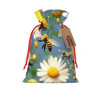 Flying Bees Daisy Honey Print Birthday Gifts Wrap Bag Unique Drawstring Gifts Bag Canvas Bags for Party Wedding Present,1 Piece M