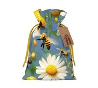 Flying Bees Daisy Honey Print Birthday Gifts Wrap Bag Unique Drawstring Gifts Bag Canvas Bags for Party Wedding Present,1 Piece M