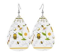 Flying Bees Daisy Honey Print Leather Dangle Earrings - Lightweight Teardrop Costume Earrings for Parties, Valentine's Day