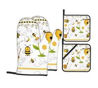 Flying Bees Daisy Honey Print Oven Mitts and Pot Holders Sets â€“ Heat Resistant Gloves for BBQ, Cooking, Baking, Grilling