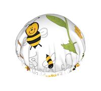 Flying Bees Daisy Honey Print Shower Cap - Reusable, Double Layer, Hotel Travel Essentials, Salon Shower Hat Accessories L