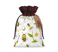 Flying Bees Daisy Honey Printed Gift Bags with Drawstring - Christmas Party Holiday Sacks - Festive Pouches for Goodie, Treats