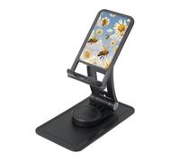 Flying Bees Daisy Honey Prints Rotating Cell Phone Stand with 360° Swivel Base - Foldable Square Desk Phone Holder for iPhone 16 15 14 13 12 11,All Phones,Black