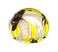 Flying Bees Daisy Honeys Print Shower Cap,Elastic And Reusable Bath Hair Hat For Long Hair,Large Waterproof Shower Bonnet,For Women Men Kids