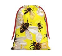 Flying Bees Daisy Honeys Printing 11.8x15.8in Drawstring Gift Bag With Red Ribbon Closure For Halloween Xmas,For Adults Gifting