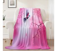Flying Birds Cherry Trees Print Throw Blanket 130x150 cm - 3D Design Thermal flannel Pink Blankets for Sofa Bed Settee Couch, Large Warm Cosy Cuddly Fluffy Throws