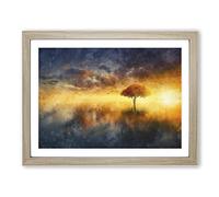 Flying Birds Over A Lone Tree Painting Modern Art Framed Print | A2 Oak Framed Wall Art | Ready to Hang | Modern Floral Picture | Living Room Bedroom Lounge Office