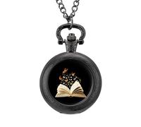 Flying Butterfly from Book Vintage Pocket Watch with Chain Classic Numerals White Dial