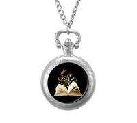 Flying Butterfly from Book Vintage Pocket Watch with Chain Classic Numerals White Dial