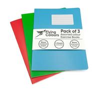 Flying Colours A4 Exercise Books 8mm Lined Pages, 3 Assorted Colour Exercise Books A4 Lined in Red, Green & Blue, Writing Book pack for Home or School Revision Notebooks, Journaling & Office Notes