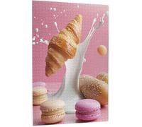 Flying Croissants&Splashing Milk with Macarons Wood Jigsaw Puzzles Adult Whimsical Bakery Art Living Room Calming Activity for Stress Relief Thoughtful Present to Food Stylists_1000pcs
