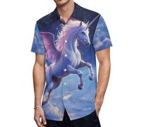 Flying Cute Unicorm Horse Men's Button Down Shirt Casual Short Sleeve Shirts Beach Summer Shirt with Pocket