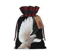 Flying Dove Christmas Drawstring Linen Gift Bag Paired With Scottish Plaid Fabric, With A Delicate And Simple Texture
