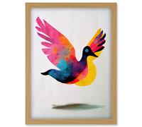 Flying Dove Minimalist Painting With Vibrant Colours Pink Yellow Blue Artwork Framed Wall Art Print A4 Artery8 Light Oak One Size