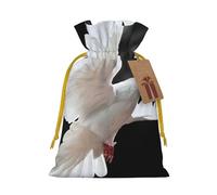 Flying Dove Printed Christmas Drawstring Bags with Yellow Christmas Ribbon - Reusable Burlap Drawstring Gift Pouches, M