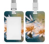 Flying Dragonflies Lily Flower Badge Holder Fashionable Vertical Work ID Detachable Plastic ID Card Holders for Nurse Teacher Workers Women Office