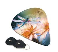 Flying Dragonflies Lily Flower Guitar Picks 6 Pcs, 0.96mm Thickness Celluloid Plectrum with Leather Picks Holder, Personalized Guitar Pick for Bass Electric Acoustic Guitars Lovers Gift