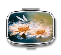 Flying Dragonflies Lily Flower Pill Box Medicine Pill Organizer Small Pill Case Travel Pill Container Portable Pill Case for Pocket 2 Compartment Pill Holder Pill Boxes for Travel