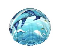 Flying Fish In The Oceans Print Shower Cap,Elastic And Reusable Bath Hair Hat For Long Hair,Large Waterproof Shower Bonnet,For Women Men Kids
