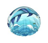 Flying Fish In The Oceans Print Waterproof Shower Cap, Double Layer Reusable Cap
