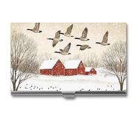 Flying Geese Snow Red House Business Card Wallet Credit Card Holder Metal Square Small Pocket Purse