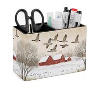 Flying Geese Snow Red House Leather Pen Pot 2 Sections Pencil Holder Office Desktop Organizer Makeup Storage
