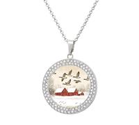 Flying Geese Snow Red House Round Pendant Necklace Diamond Edging Brilliant Personalized Jewelry Gifts for Women Silver-style
